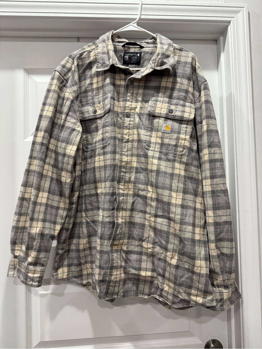 Carhartt Men’s Beige and Gray Plaid Flannel Shirt Jacket